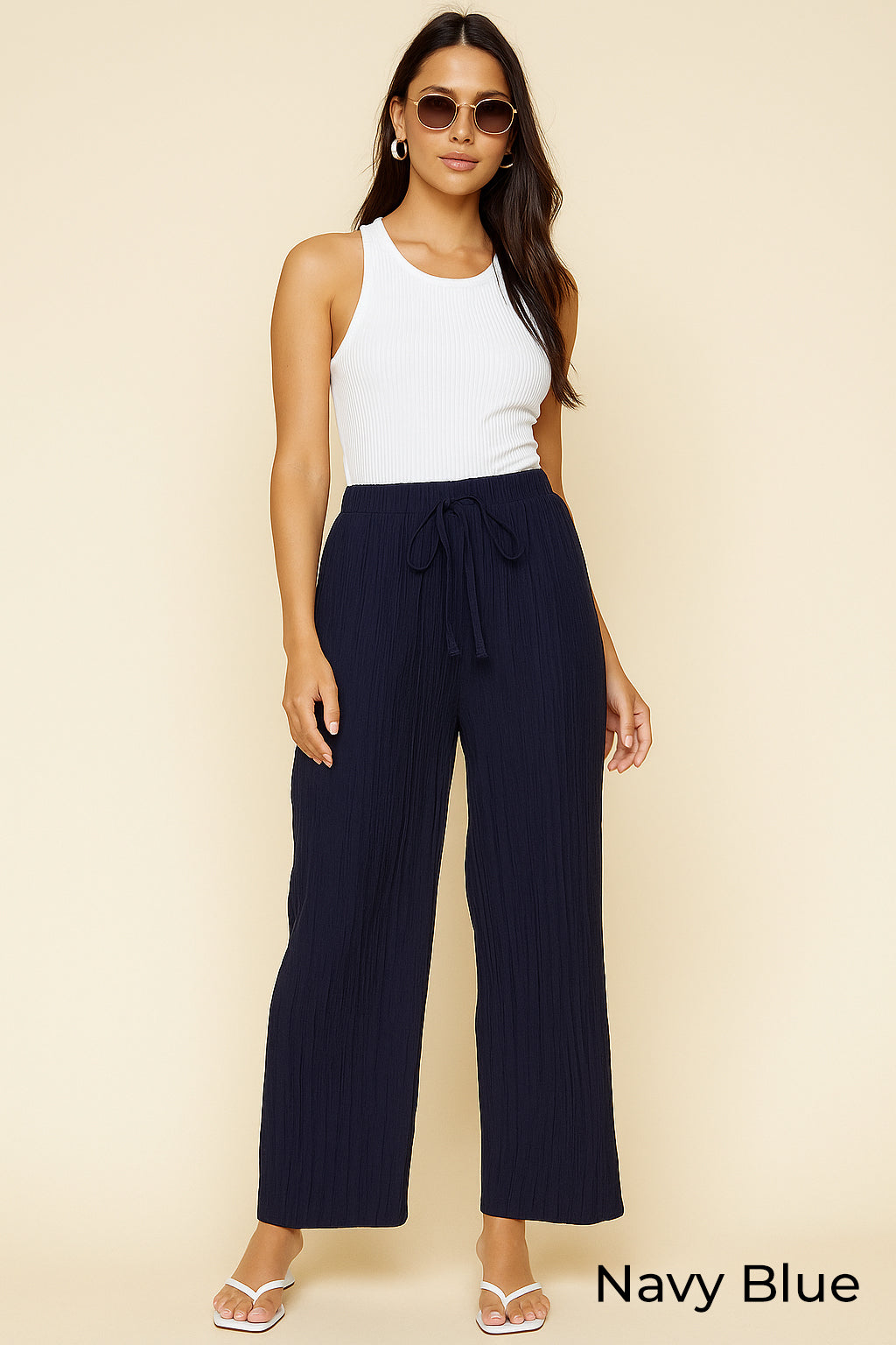 そ*る様 7440 37 1 16 pleated straight pants Zush Ladies Drawstring Waist Casual Textured Wide Leg Pants – Zush