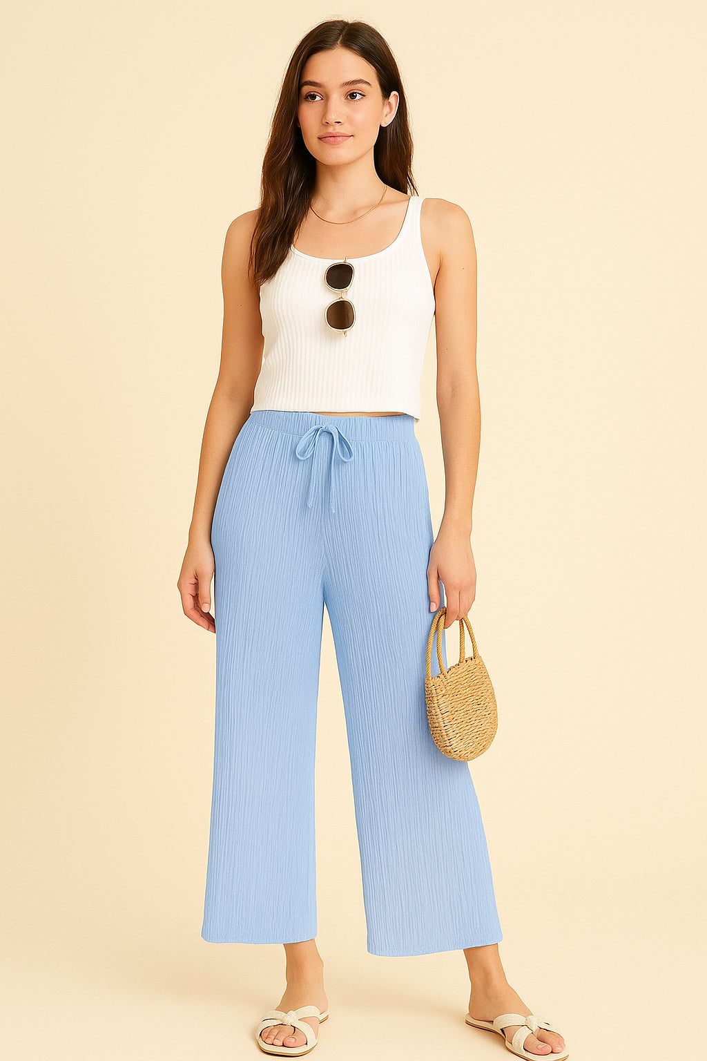 Zush Ladies Drawstring Waist Casual Textured Wide Leg Pants