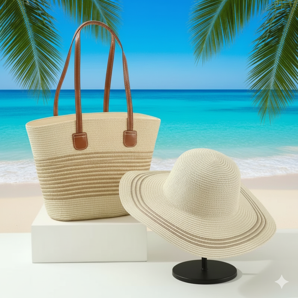 Women's Summer Sun Straw Woven Beach Bag and Hat