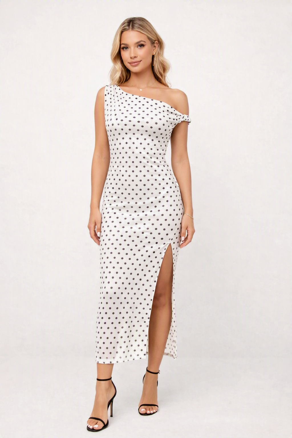 Zush Ladies One-Shoulder Polka Dot Mesh Column Dress with Side Slit
