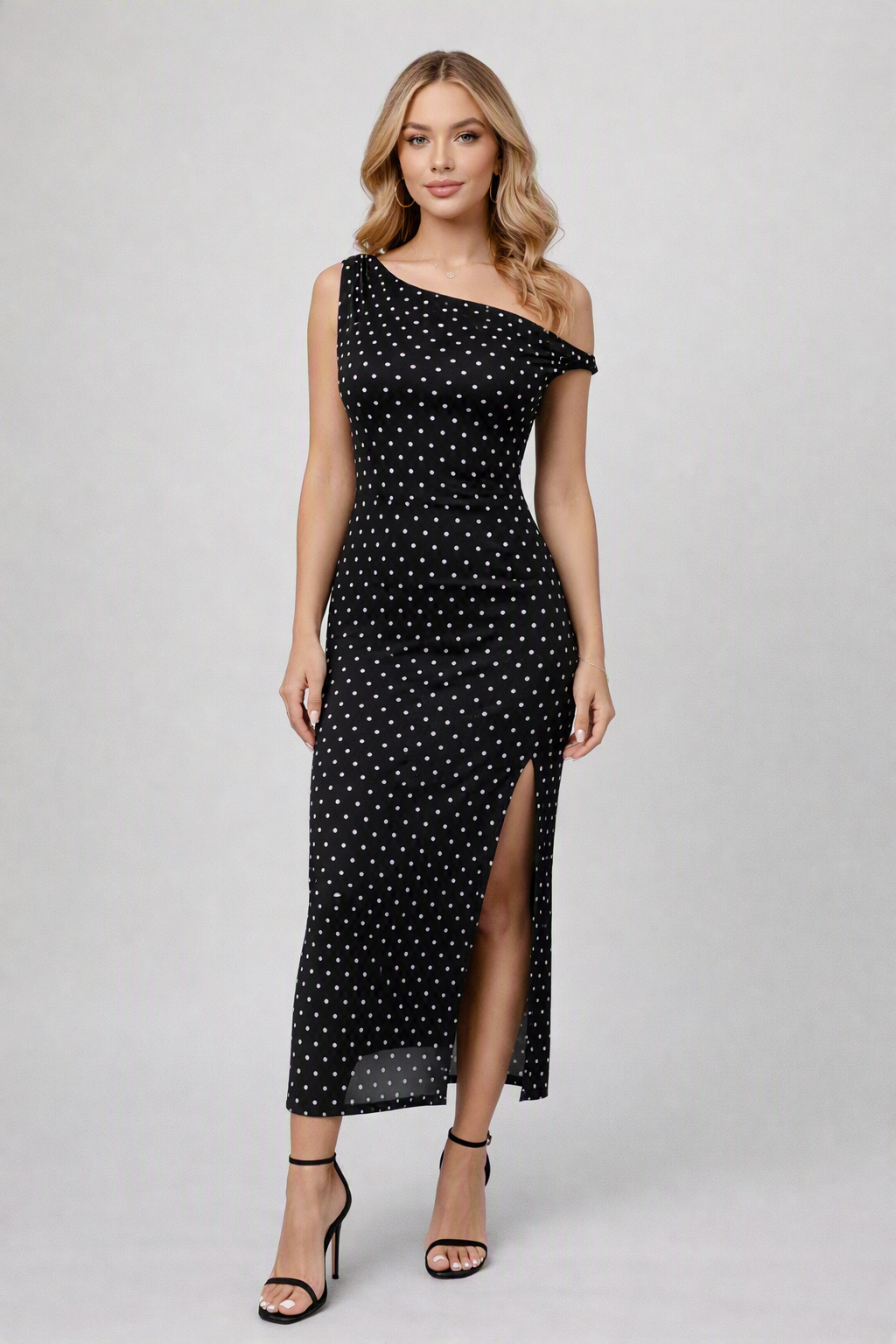 Zush Ladies One-Shoulder Polka Dot Mesh Column Dress with Side Slit