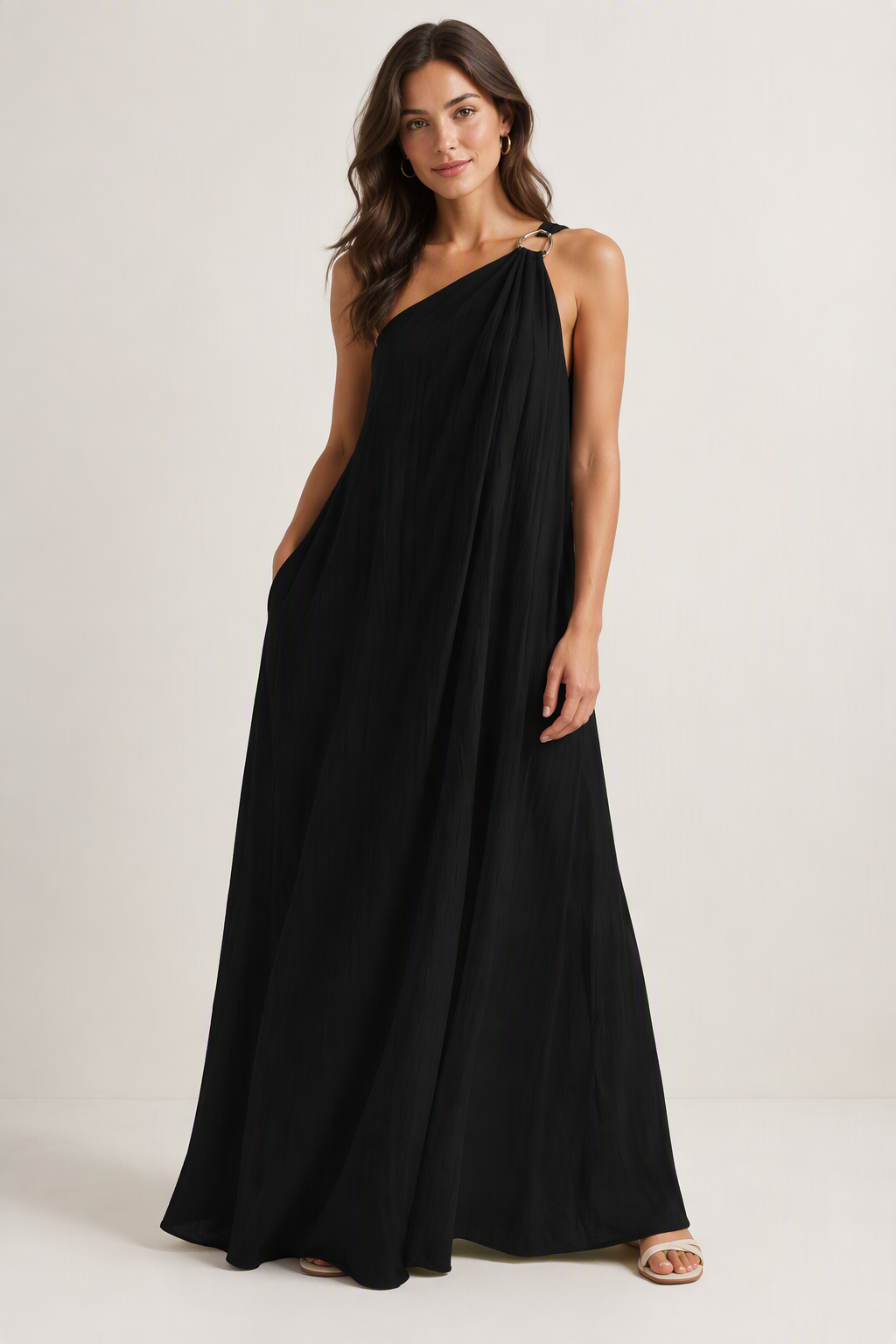 Zush Ladies Gold Ring One Shoulder Maxi Dress