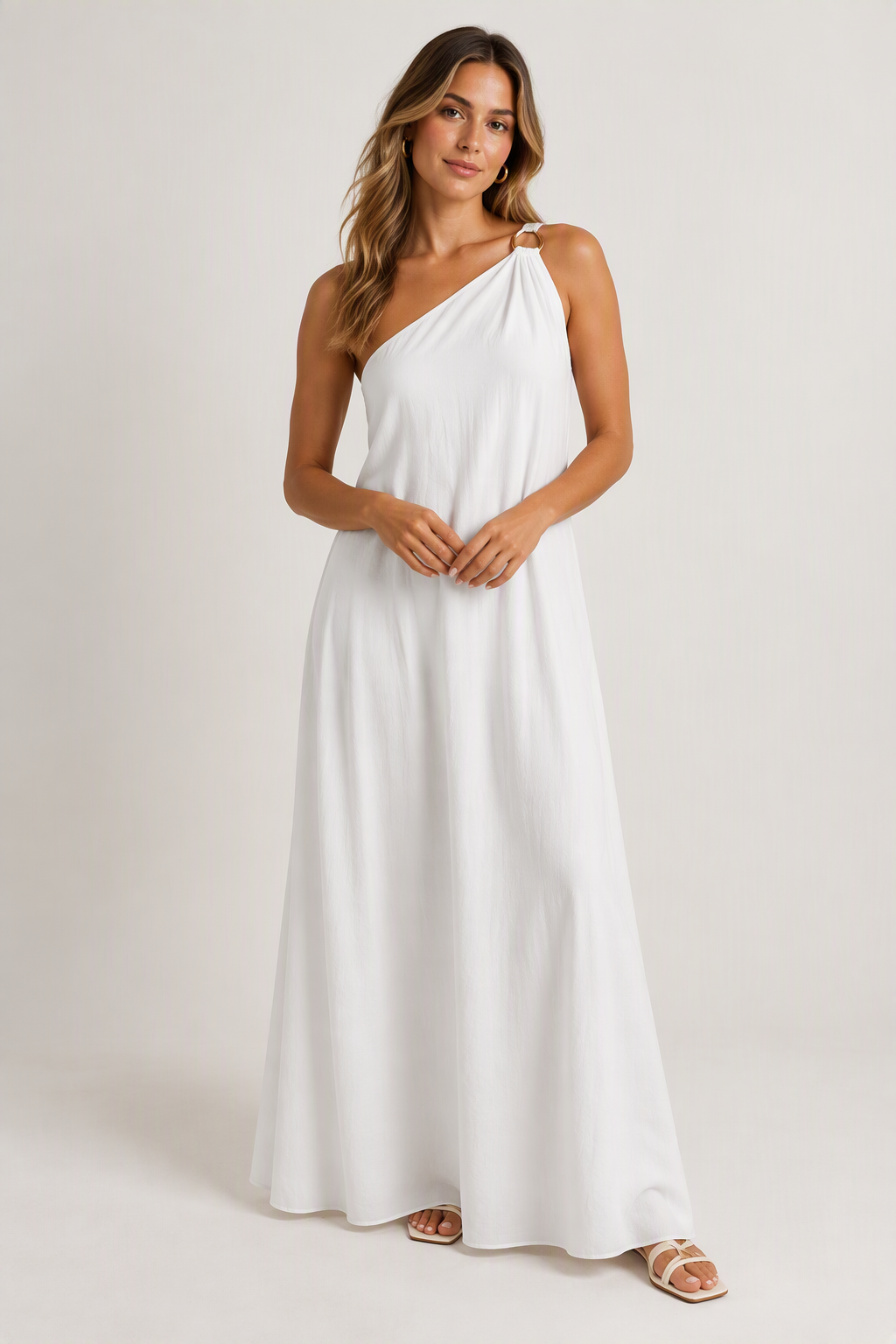Zush Ladies Gold Ring One Shoulder Maxi Dress