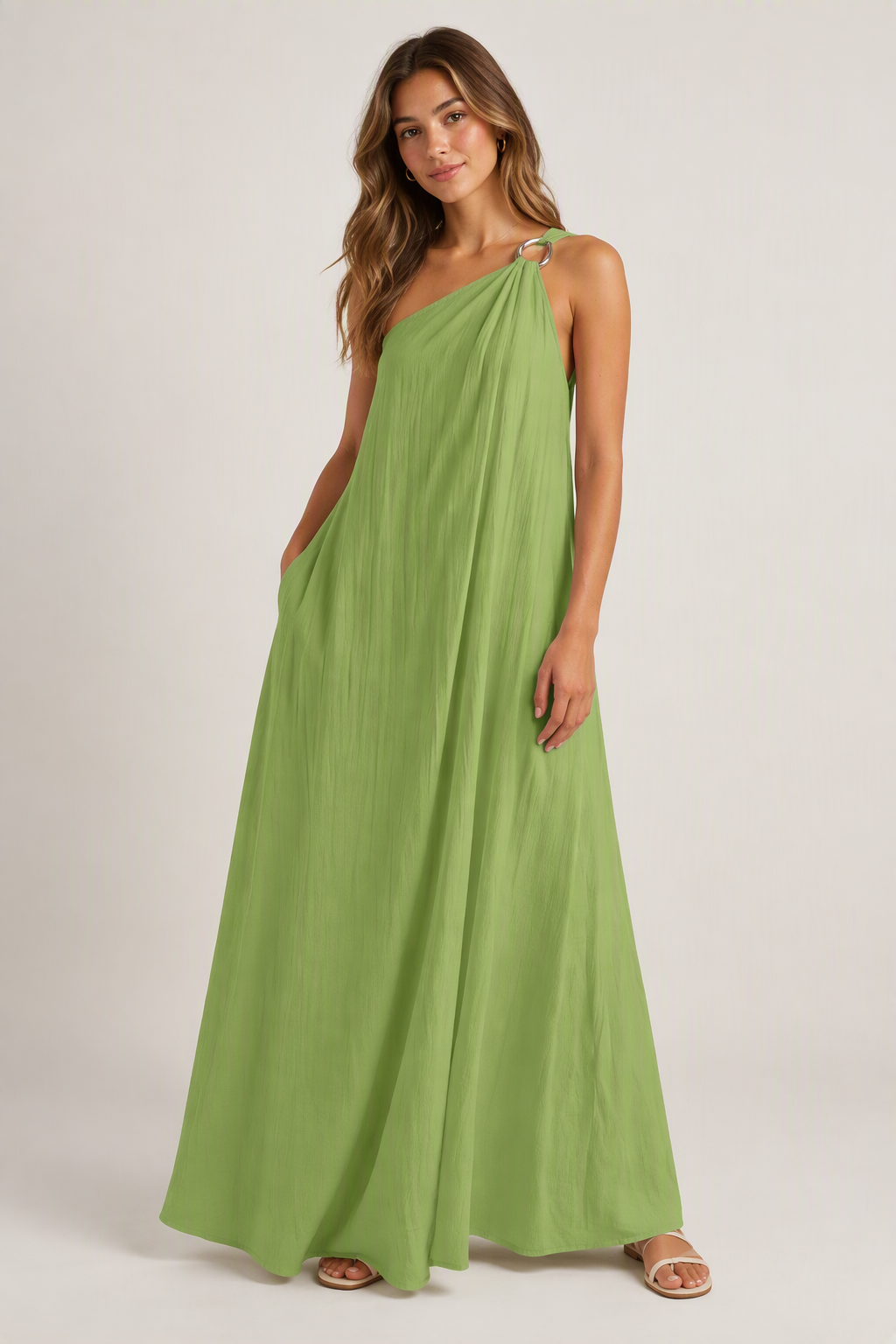 Zush Ladies Gold Ring One Shoulder Maxi Dress