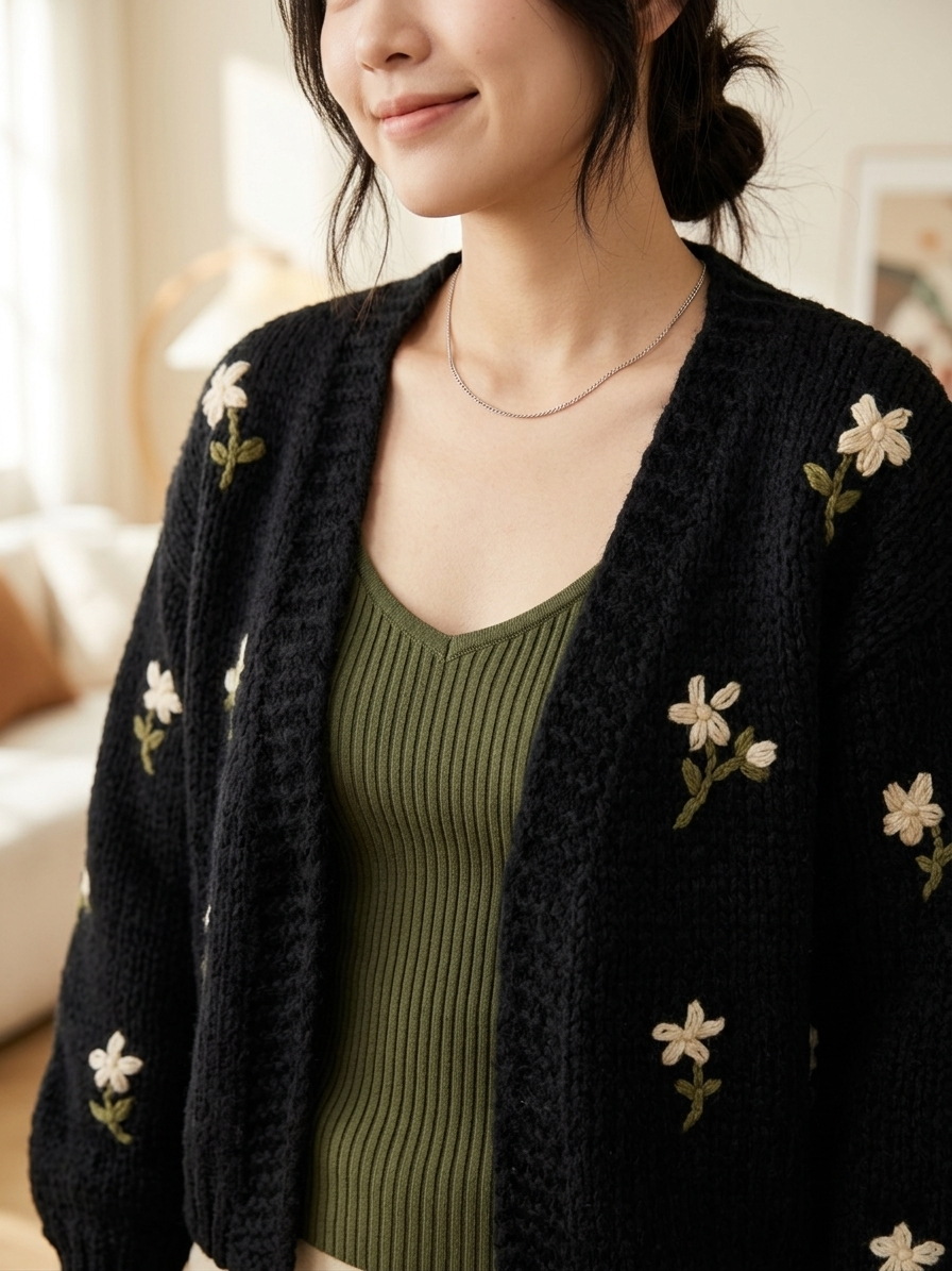 Zush Ladies Embroidered Daisy Knit Cardigan
