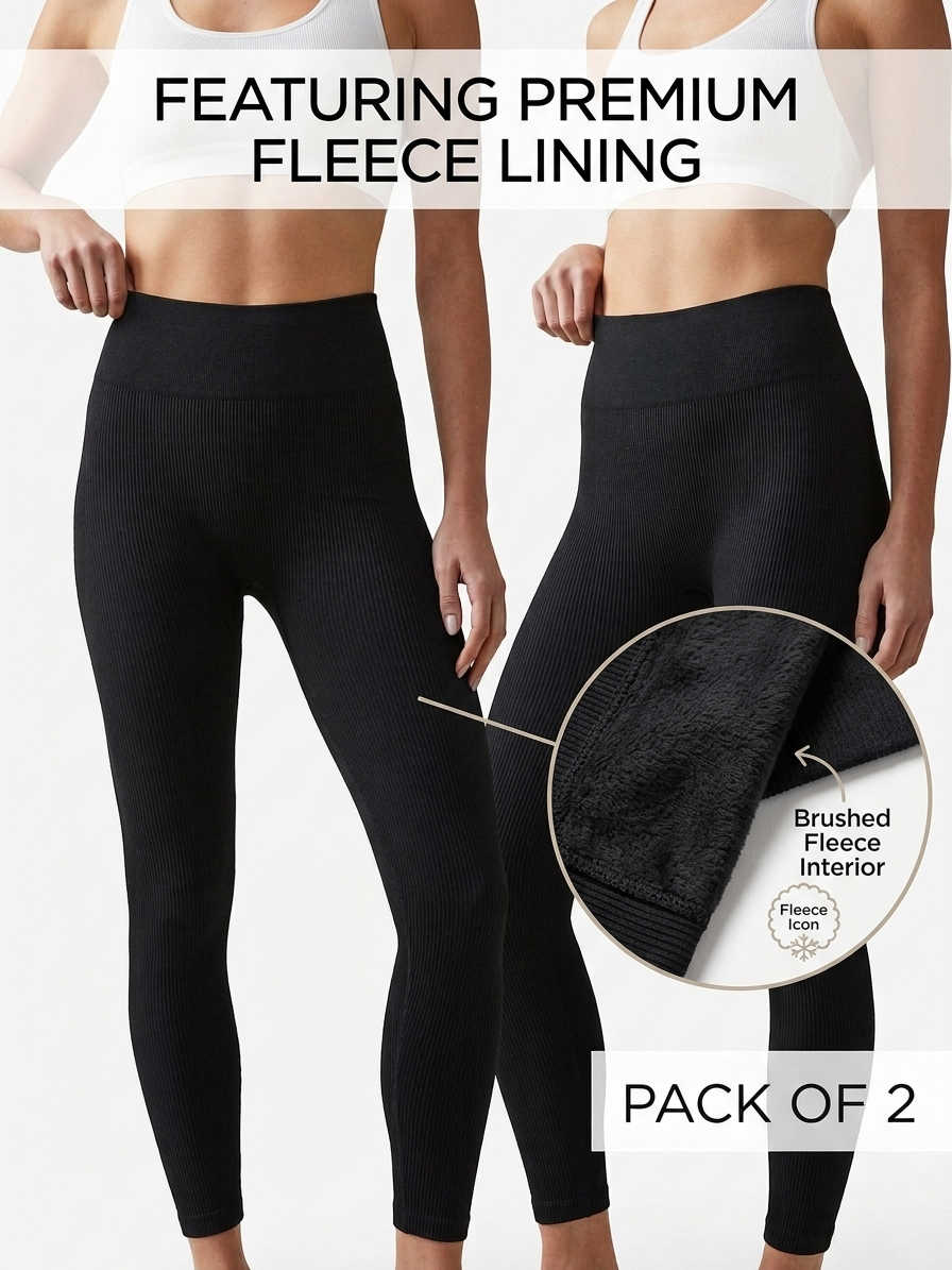 Zush Black Fleece Lined Ribbed High Waist Leggings - 2 Pack