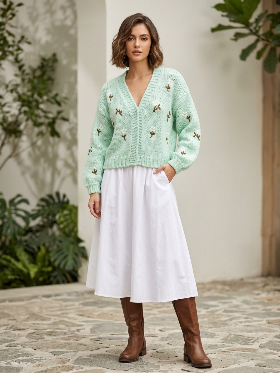 Zush Ladies Embroidered Daisy Knit Cardigan