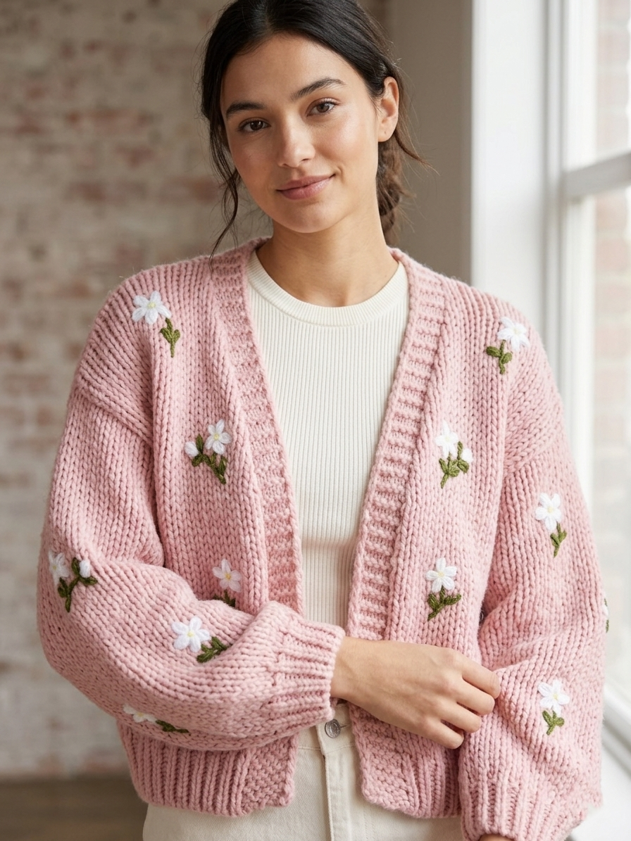 Zush Ladies Embroidered Daisy Knit Cardigan