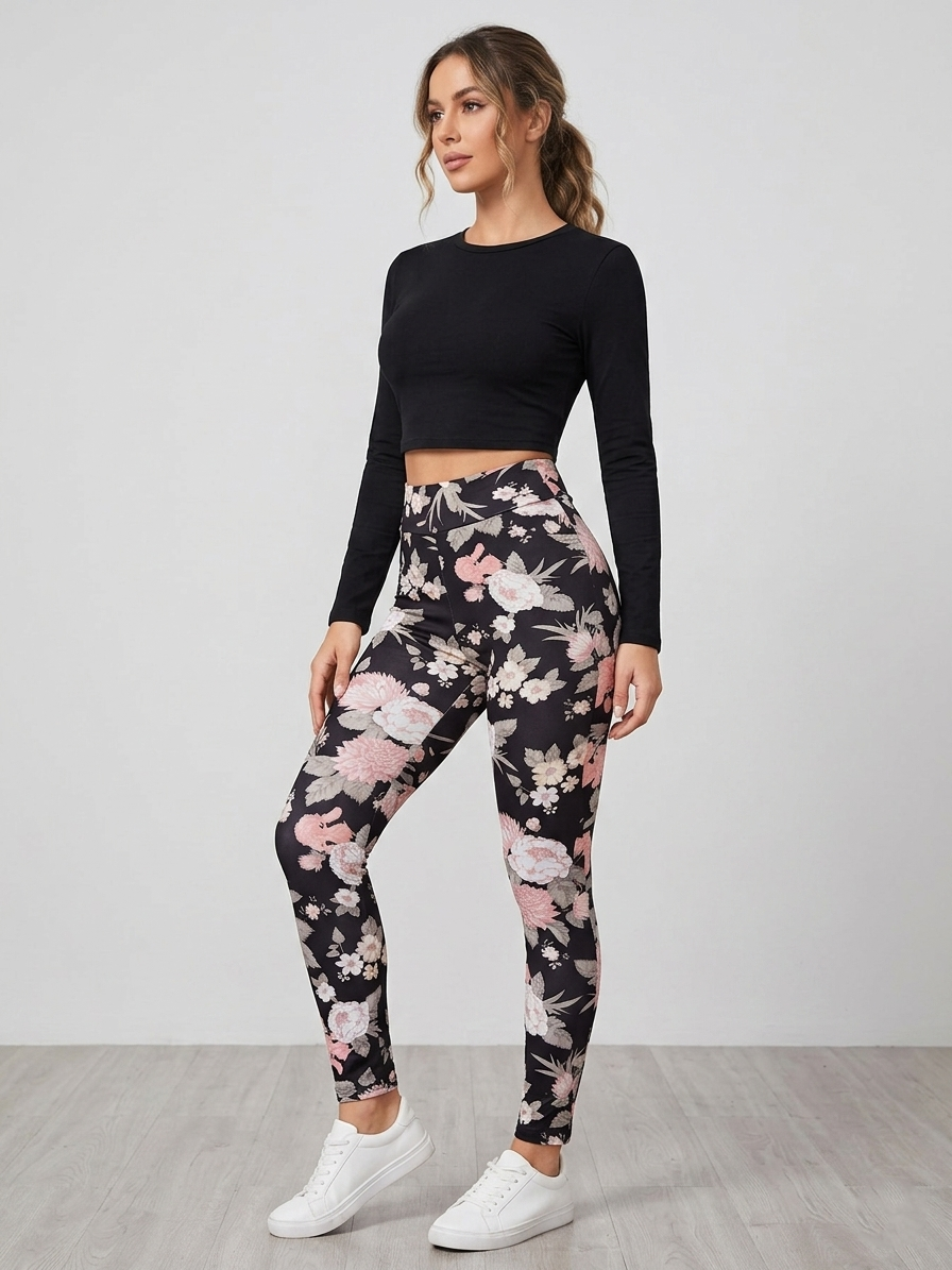 Zush Ladies High Waisted Floral Print Fleece Leggings with Pockets