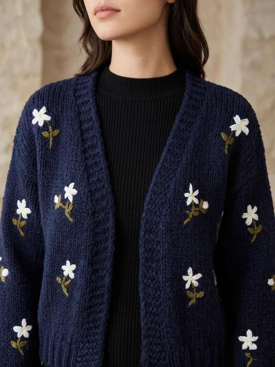 Zush Ladies Embroidered Daisy Knit Cardigan