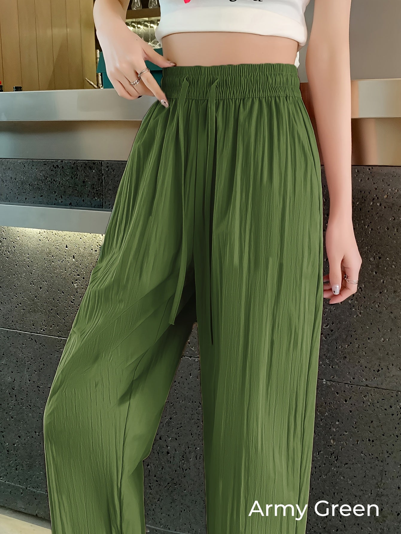 Zush Ladies Drawstring Waist Casual Textured Wide Leg Pants