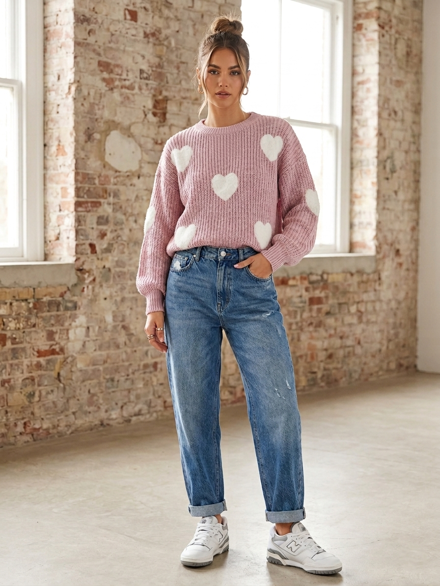 Zush Ladies Heart Print Knit Sweater