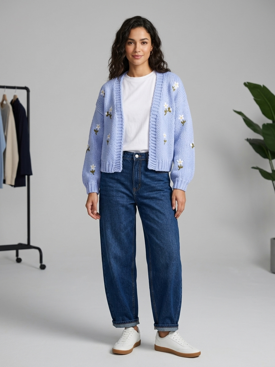 Zush Ladies Embroidered Daisy Knit Cardigan