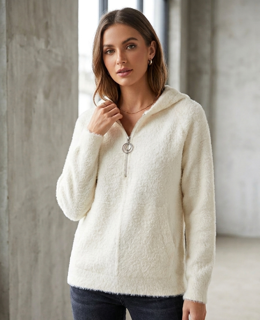 Zush Ladies Cashmere Blend Zip-Through Hooded Fuzzy Jacket