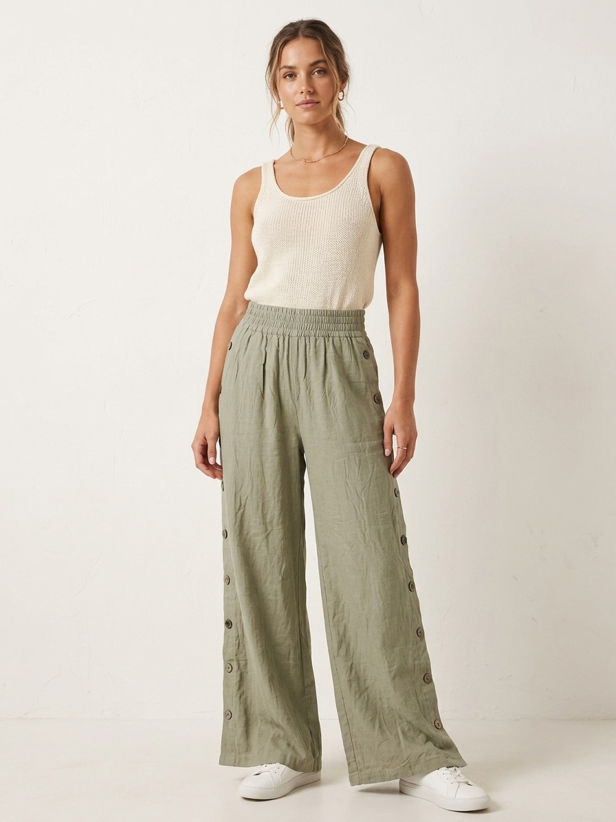 Zush Ladies Side Button Cotton Blend Wide Leg Pants