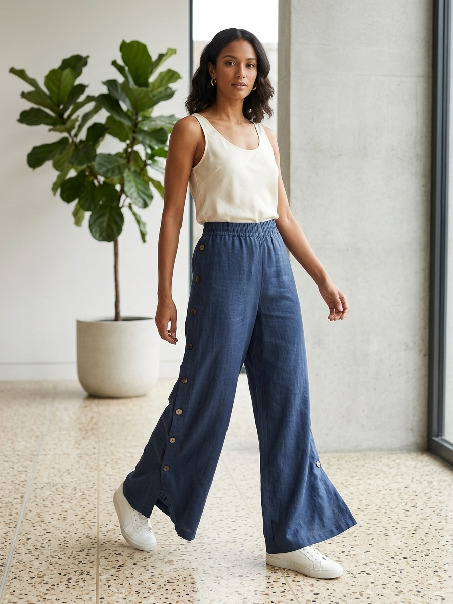 Zush Ladies Side Button Cotton Blend Wide Leg Pants