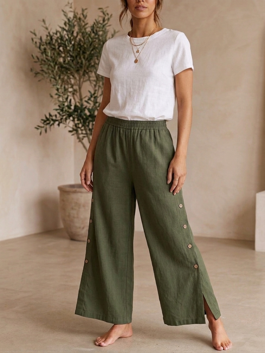 Zush Ladies Side Button Cotton Blend Wide Leg Pants