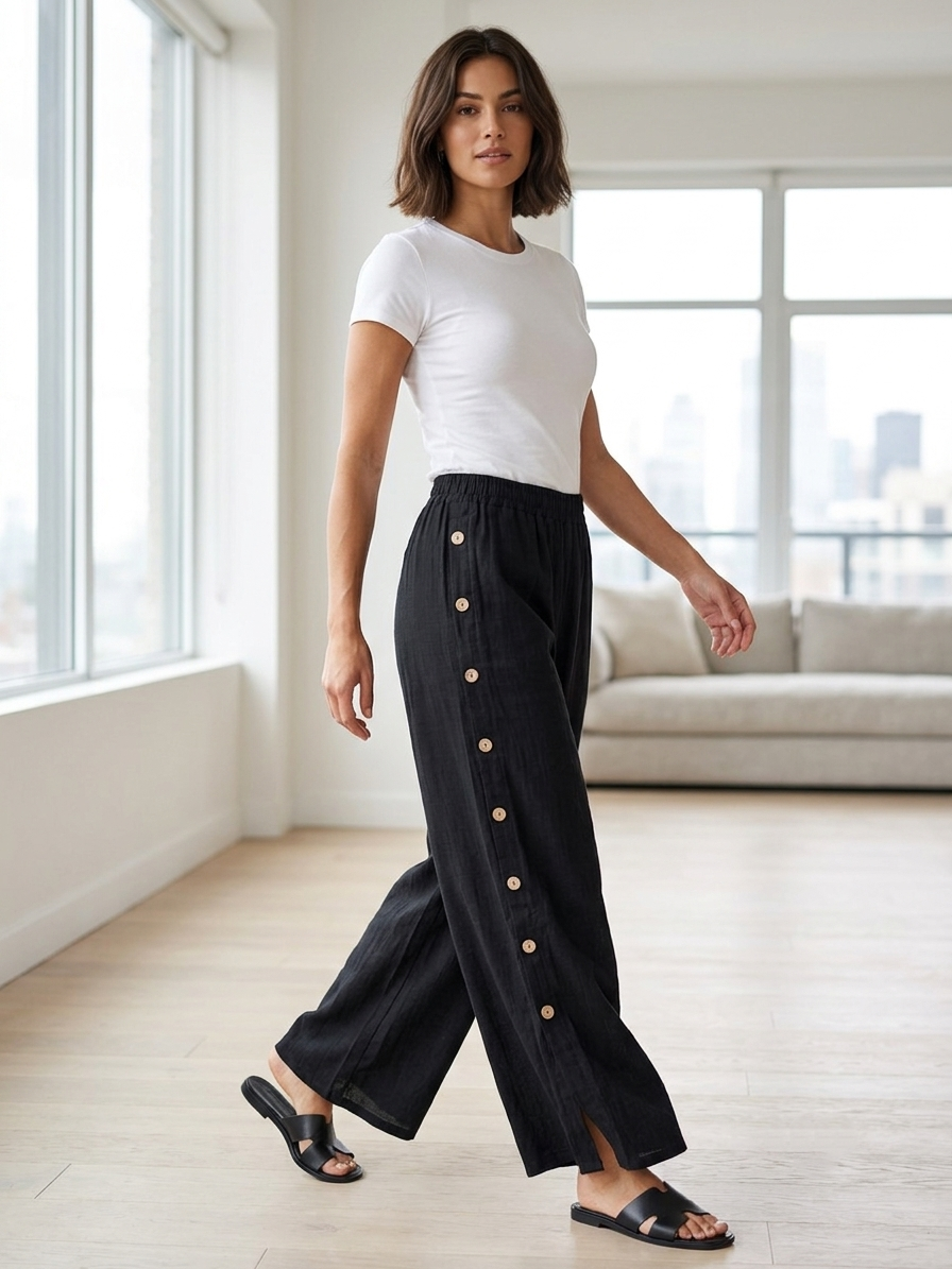 Zush Ladies Side Button Cotton Blend Wide Leg Pants