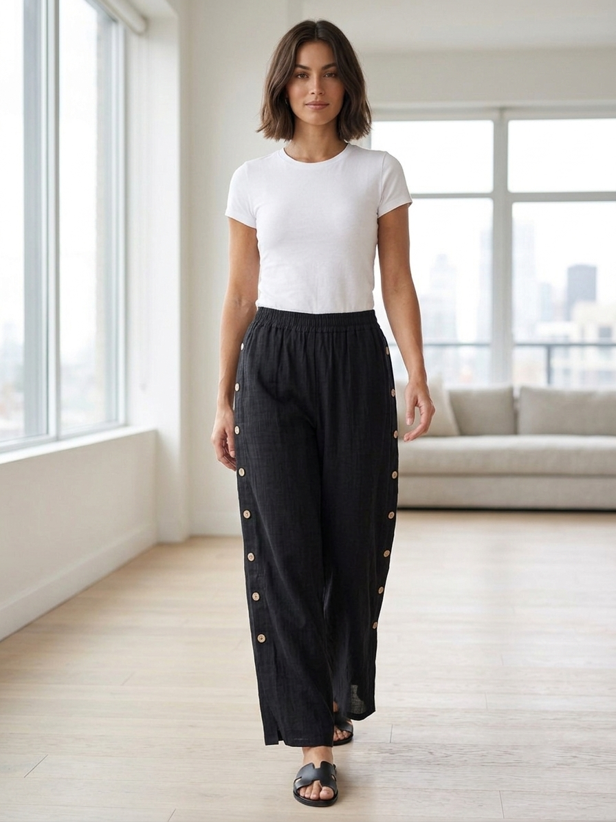 Zush Ladies Side Button Cotton Blend Wide Leg Pants