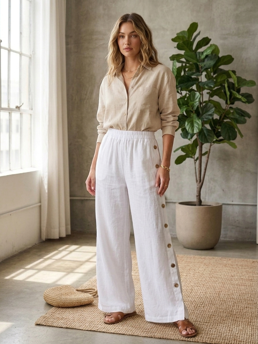 Zush Ladies Side Button Cotton Blend Wide Leg Pants