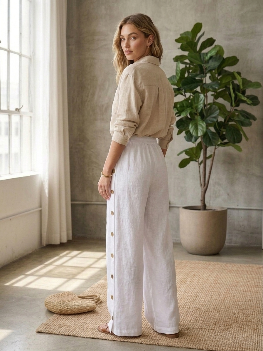Zush Ladies Side Button Cotton Blend Wide Leg Pants