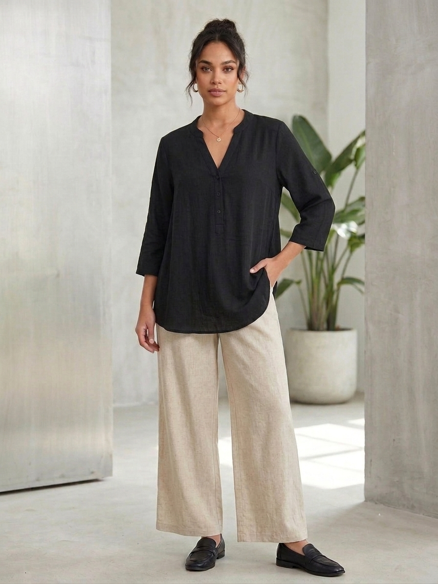 Zush Ladies Cotton Linen Blend V-Neck Tunic Blouse