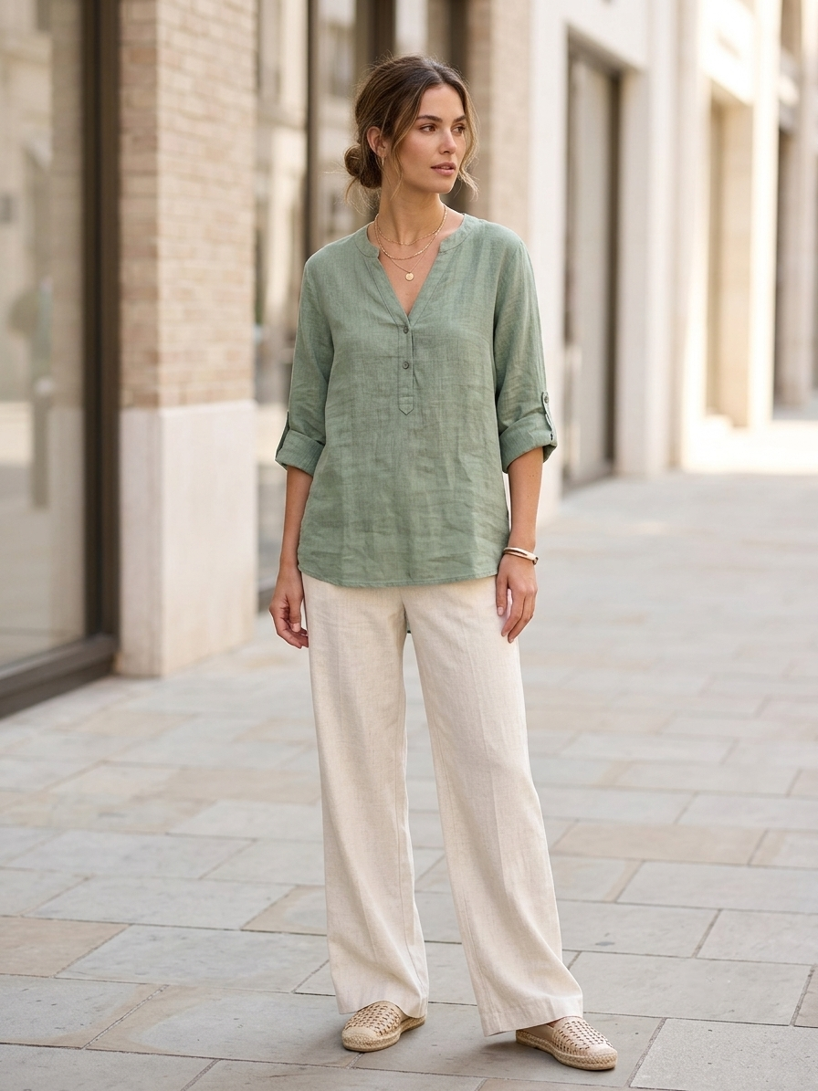 Zush Ladies Cotton Linen Blend V-Neck Tunic Blouse