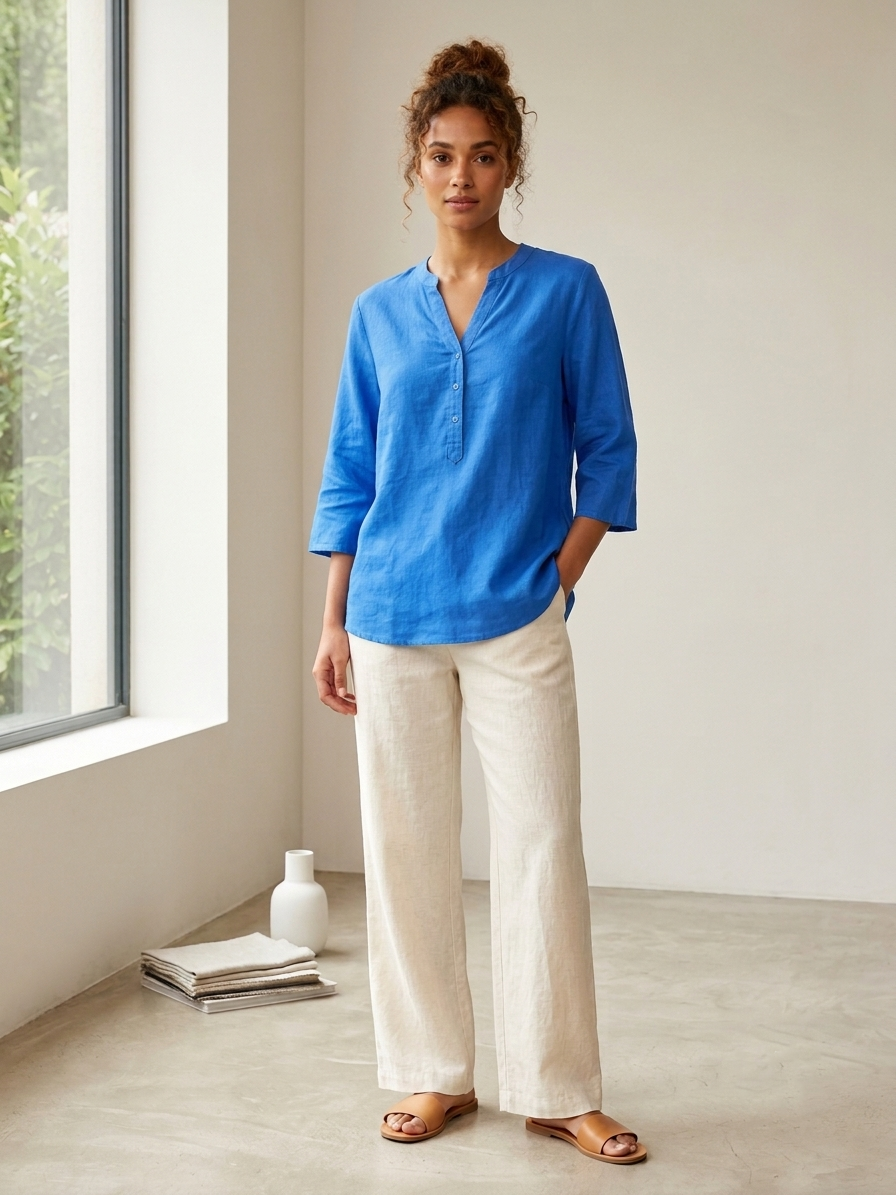 Zush Ladies Cotton Linen Blend V-Neck Tunic Blouse