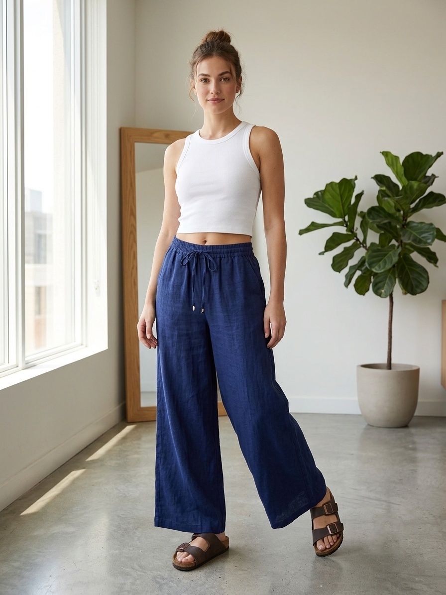 Zush Ladies High Waisted Wide Leg Linen Feel Pants with pockets