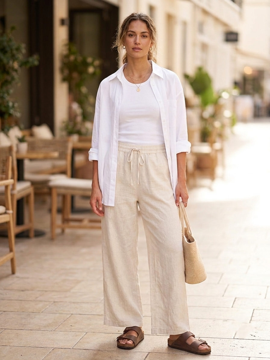 Zush Ladies High Waisted Wide Leg Linen Feel Pants with pockets