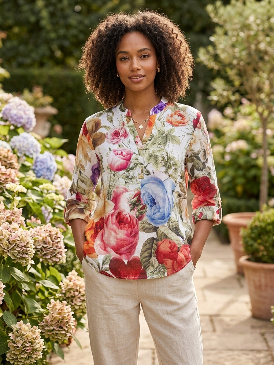Zush Ladies Cotton Blend 3/4 Sleeve Floral Tunic Blouse