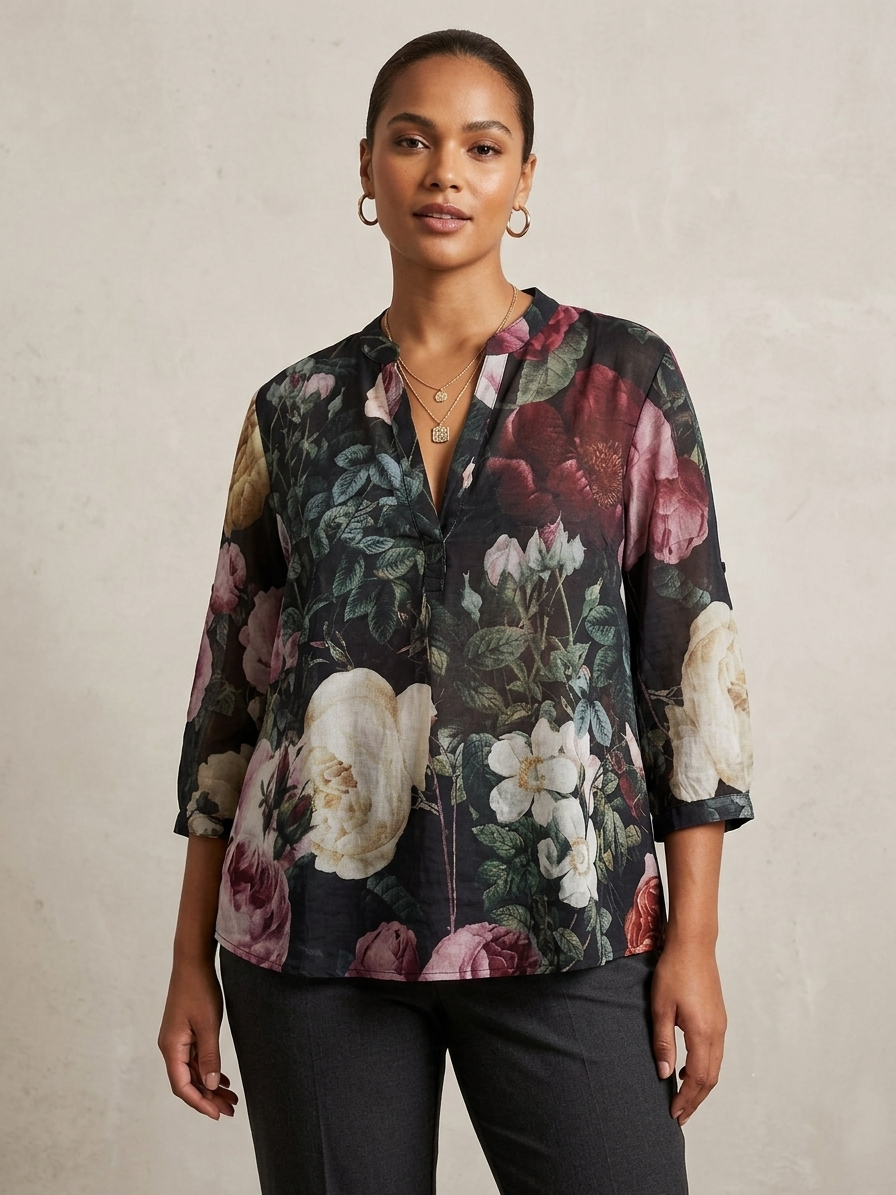 Zush Ladies Cotton Blend 3/4 Sleeve Floral Tunic Blouse