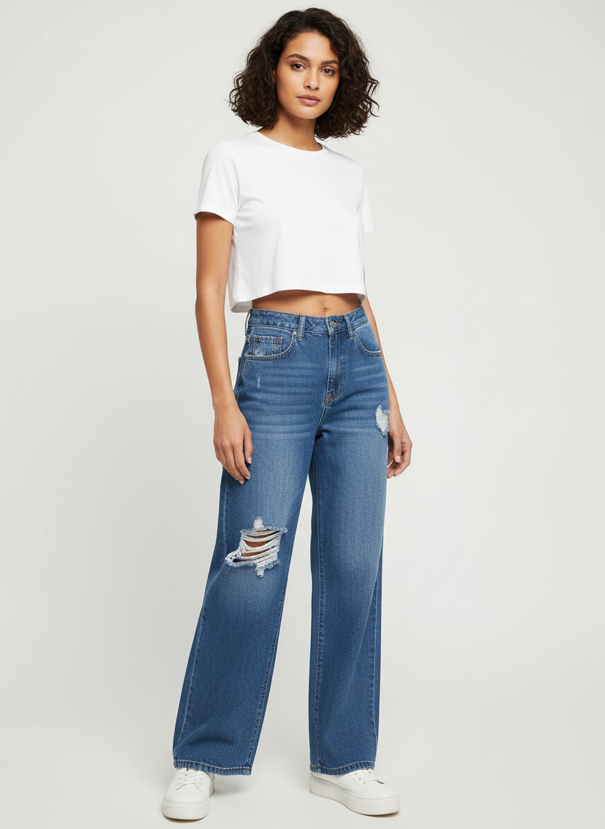 Zush Ladies Medium Wash Wide Leg Ripped Jeans