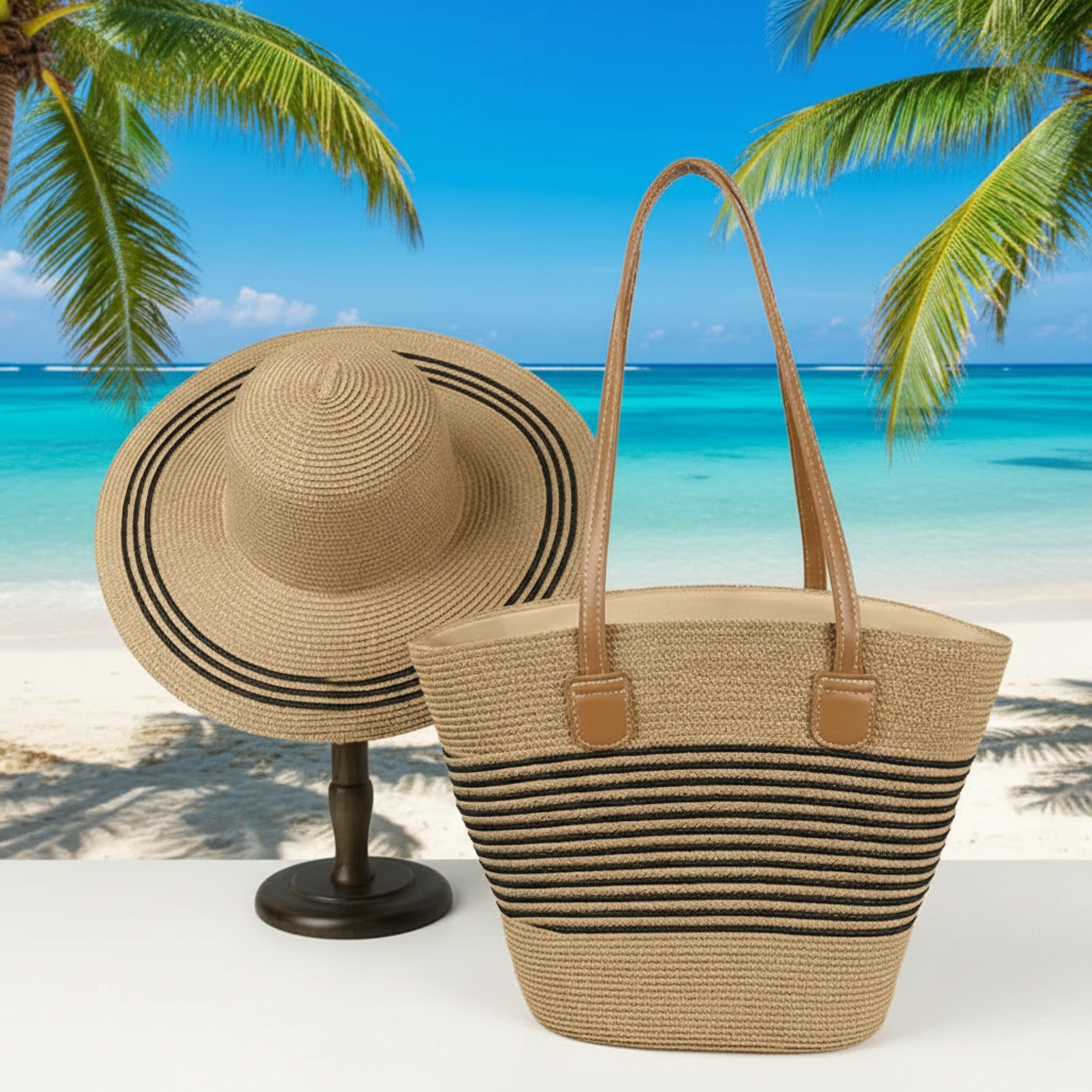 Women's Summer Sun Straw Woven Beach Bag and Hat