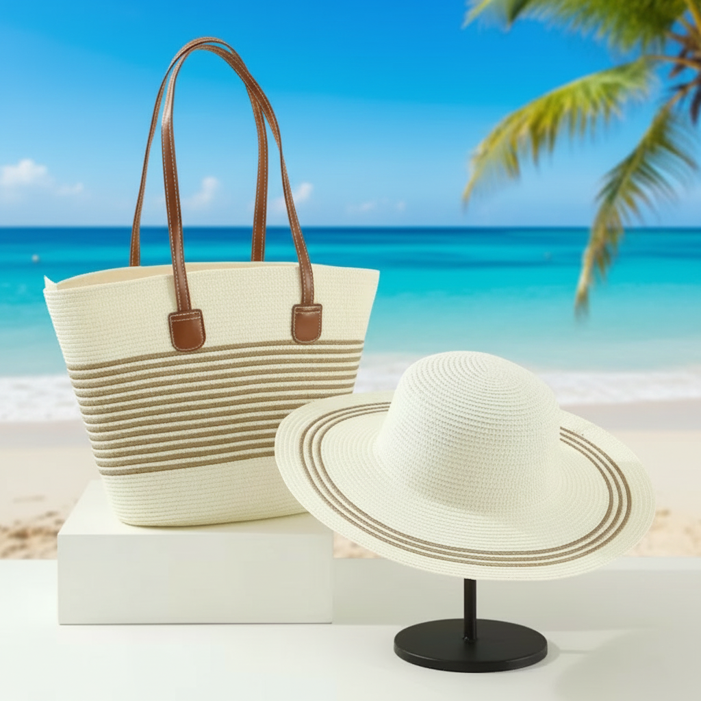 Women's Summer Sun Straw Woven Beach Bag and Hat